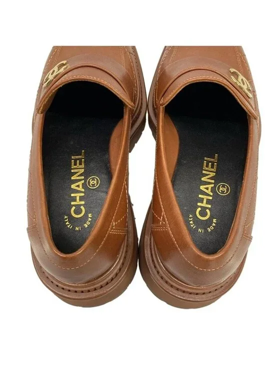Chanel Loafers 36 C Quilted Brown Gold CC Logo - Picture 7 of 12
